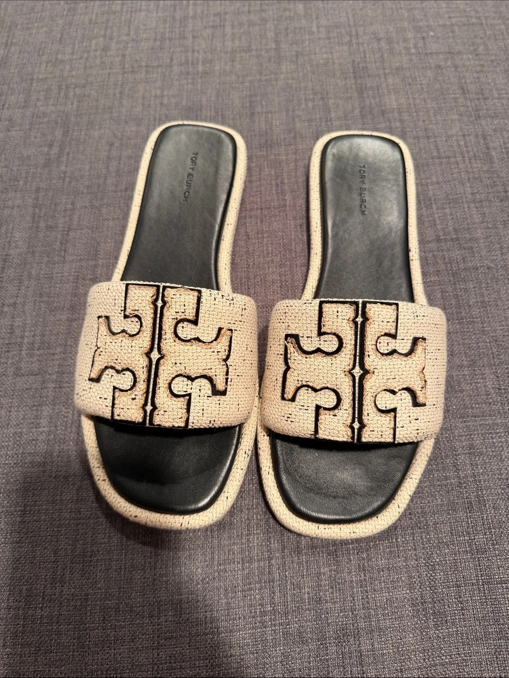 Tory Burch Beige and Black Logo Slide Mules